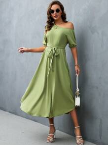 SHEIN Privé Đầm Bất đối xứng Thắt lưng màu trơn Thanh lịch - Màu xanh chanh - Xem 6