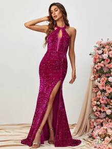 高衩亮片繞頸露背魚尾裙下擺正式洋裝 - 玫紅色 - 查看 6