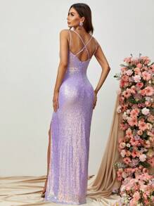 Đầm Lộ Lưng Hội Chữ thập Dây kéo Tách cao màu trơn Buổi tiệc - Màu tím - Xem 2