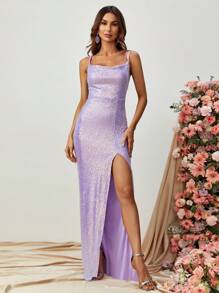 Đầm Lộ Lưng Hội Chữ thập Dây kéo Tách cao màu trơn Buổi tiệc - Màu tím - Xem 3