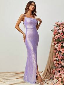 Đầm Lộ Lưng Hội Chữ thập Dây kéo Tách cao màu trơn Buổi tiệc - Màu tím - Xem 5