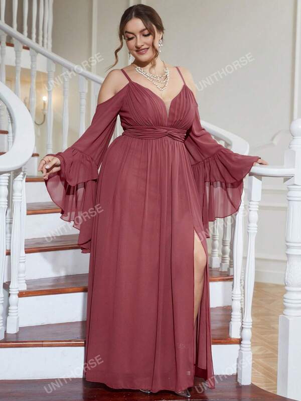 UNITHORSE Vestido de gasa con abertura en el muslo, hombros descubiertos y mangas largas elegante para dama de honor de talla grande