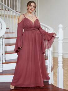 UNITHORSE Plus Cold Shoulder Split Thigh Chiffon Dress Elegant Long Sleeve Bridesmaid Dress - Redwood - View 5