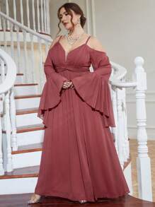 UNITHORSE Plus Cold Shoulder Split Thigh Chiffon Dress Elegant Long Sleeve Bridesmaid Dress - Redwood - View 6