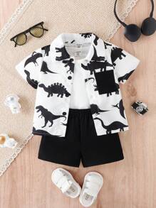 Bebé niño Camisa con estampado de dinosaurio & Shorts & Camiseta - Blanco y Negro - Ver 1