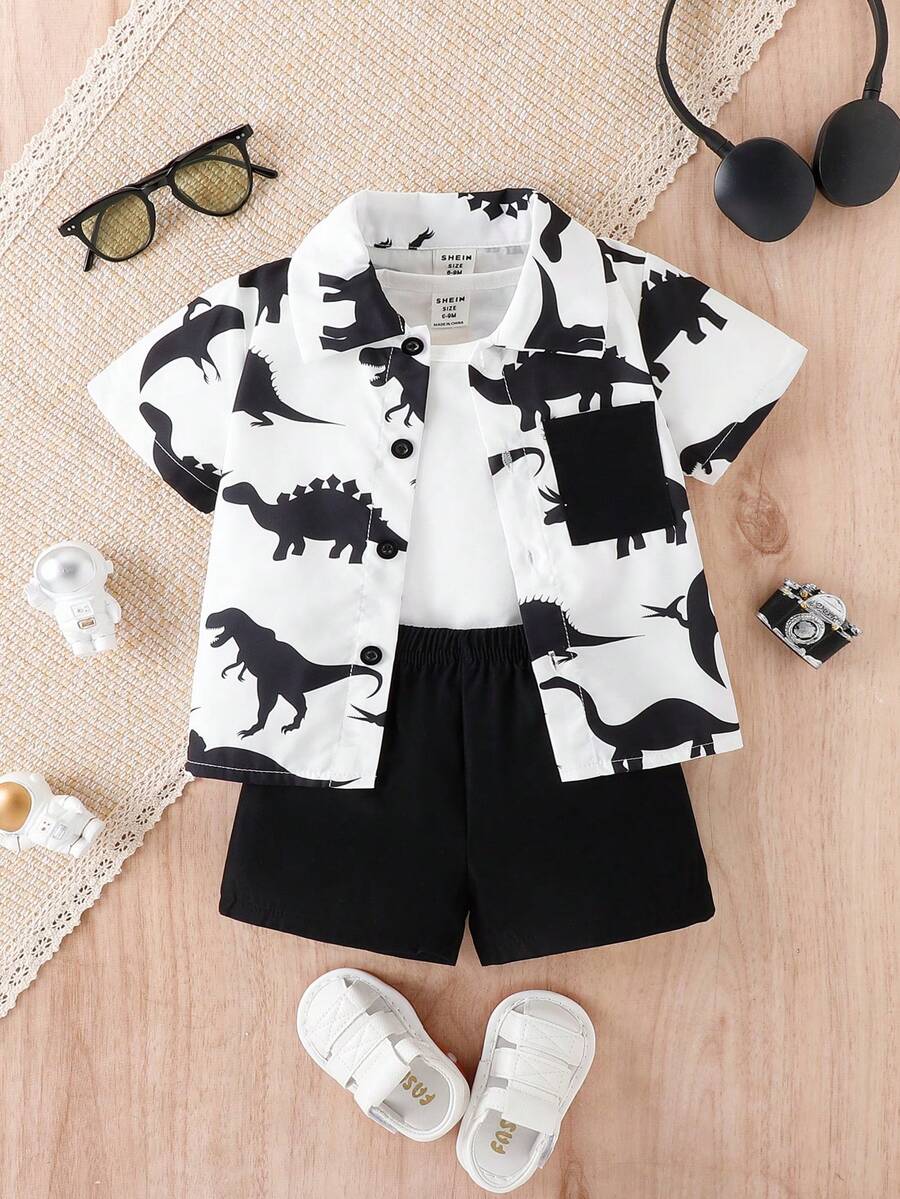 Bebé niño Camisa con estampado de dinosaurio & Shorts & Camiseta - Blanco y Negro - Ver 1