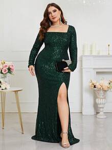 加大方领开叉大腿亮片礼服，优雅长袖舞会晚会婚礼宾客礼服，适合毕业典礼、晚宴 - 綠色 - 查看 1