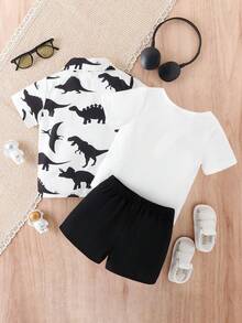 Bebé niño Camisa con estampado de dinosaurio & Shorts & Camiseta - Blanco y Negro - Ver 2