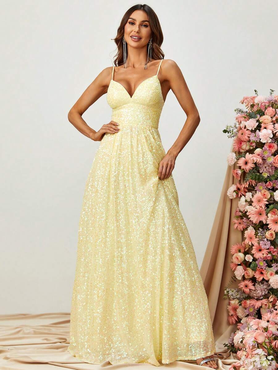 Sequin Decor Cami Formal Dress - Yellow - View 1