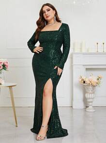 加大方领开叉大腿亮片礼服，优雅长袖舞会晚会婚礼宾客礼服，适合毕业典礼、晚宴 - 綠色 - 查看 3