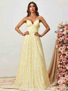 Sequin Decor Cami Formal Dress - Yellow - View 3