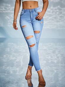 SHEIN Essnce Ripped Raw Hem Ripped Skinny Jeans - Light Wash - View 5