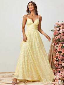 Sequin Decor Cami Formal Dress - Yellow - View 5