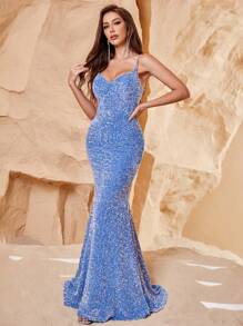 Mermaid Hem Sequin Cami Formal Dress - Blue - View 1