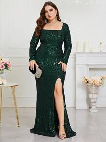 加大方领开叉大腿亮片礼服，优雅长袖舞会晚会婚礼宾客礼服，适合毕业典礼、晚宴 - 綠色 - 查看 5