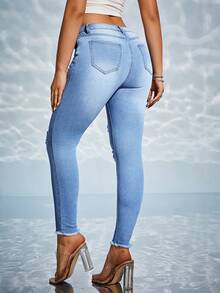 SHEIN Essnce Ripped Raw Hem Ripped Skinny Jeans - Light Wash - View 2