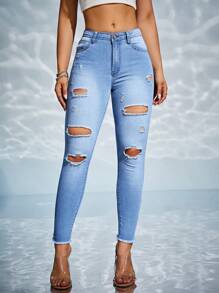 SHEIN Essnce Ripped Raw Hem Ripped Skinny Jeans - Light Wash - View 1