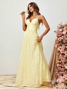 Sequin Decor Cami Formal Dress - Yellow - View 6