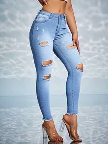 SHEIN Essnce Ripped Raw Hem Ripped Skinny Jeans - Light Wash - View 4