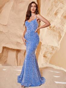 Mermaid Hem Sequin Cami Formal Dress - Blue - View 4