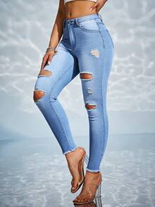 SHEIN Essnce Ripped Raw Hem Ripped Skinny Jeans - Light Wash - View 3