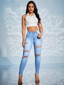 SHEIN Essnce Ripped Raw Hem Ripped Skinny Jeans - Light Wash - View 6