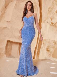 Mermaid Hem Sequin Cami Formal Dress - Blue - View 6