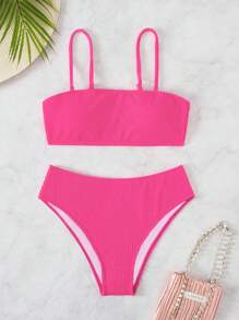SHEIN Swim 素色高腰比基尼泳裝 - 玫紅色 - 查看 1