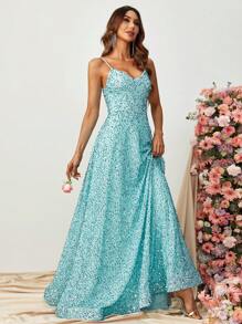 Sequin Decor Cami Floor Length Formal Dress - Mint Blue - View 1