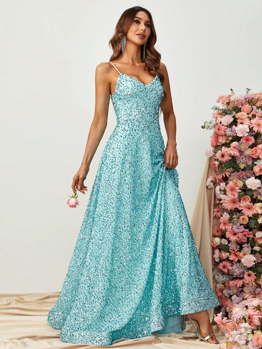 Sequin Decor Cami Floor Length Formal Dress - Mint Blue - View 1
