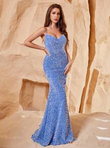 Mermaid Hem Sequin Cami Formal Dress - Blue - View 7
