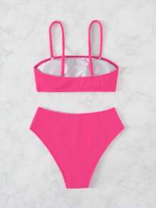 SHEIN Swim 素色高腰比基尼泳裝 - 玫紅色 - 查看 2