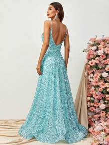 Sequin Decor Cami Floor Length Formal Dress - Mint Blue - View 2