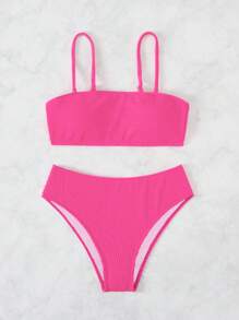 SHEIN Swim 素色高腰比基尼泳裝 - 玫紅色 - 查看 3