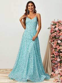 Sequin Decor Cami Floor Length Formal Dress - Mint Blue - View 4