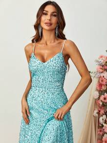 Sequin Decor Cami Floor Length Formal Dress - Mint Blue - View 6