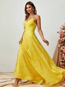 Sequin Decor Floor Length Cami Dress - Yellow - View 1