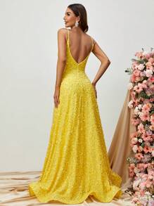 Sequin Decor Floor Length Cami Dress - Yellow - View 2