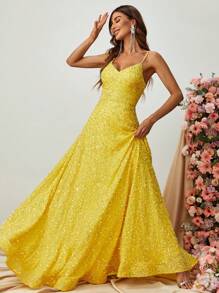 Sequin Decor Floor Length Cami Dress - Yellow - View 3