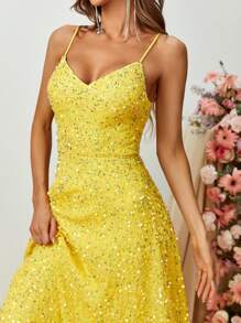 Sequin Decor Floor Length Cami Dress - Yellow - View 5