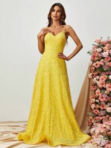 Sequin Decor Floor Length Cami Dress - Yellow - View 6