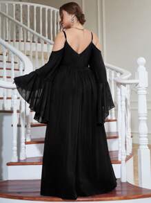 UNITHORSE Plus Cold Shoulder Split Thigh Chiffon Dress Elegant Long Sleeve Bridesmaid Dress - Black - View 3