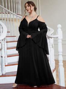 UNITHORSE Plus Cold Shoulder Split Thigh Chiffon Dress Elegant Long Sleeve Bridesmaid Dress - Black - View 6