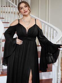 UNITHORSE Plus Cold Shoulder Split Thigh Chiffon Dress Elegant Long Sleeve Bridesmaid Dress - Black - View 7