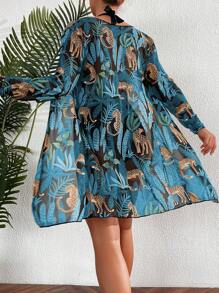 Tropical Print Halter Triangle Bikini Set With Kimono - Blue - View 2