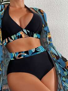 Tropical Print Halter Triangle Bikini Set With Kimono - Blue - View 3