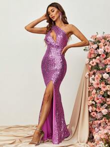 One Shoulder Cut Out Split Thigh Sequin Formal Dress - Purple - View 1