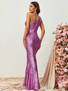 One Shoulder Cut Out Split Thigh Sequin Formal Dress - Purple - View 2