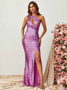 One Shoulder Cut Out Split Thigh Sequin Formal Dress - Purple - View 4