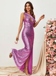 One Shoulder Cut Out Split Thigh Sequin Formal Dress - Purple - View 5